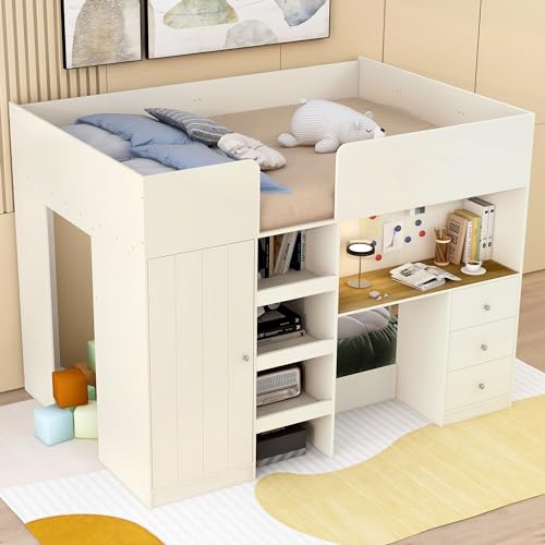 Beige Full Size Wood Loft Bed with Desk and Storage H4728