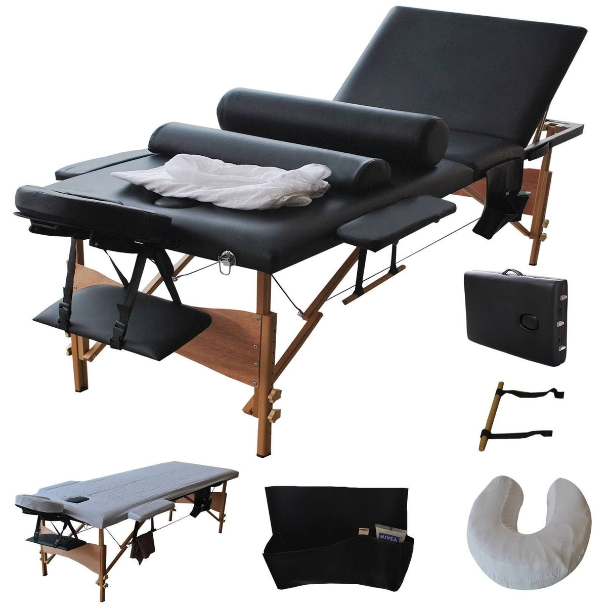 84"L 3 Fold Massage Table Portable Facial Bed with Sheet, Cradle Cover and 2 Bolster Black S82770
