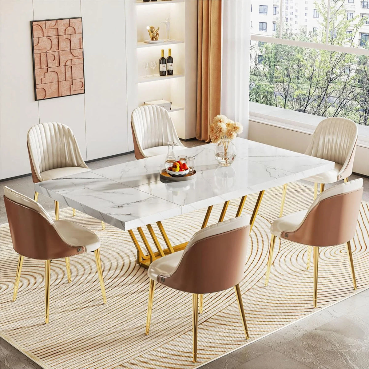 63" Rectangular Dining Table with Faux Marble Top U8257