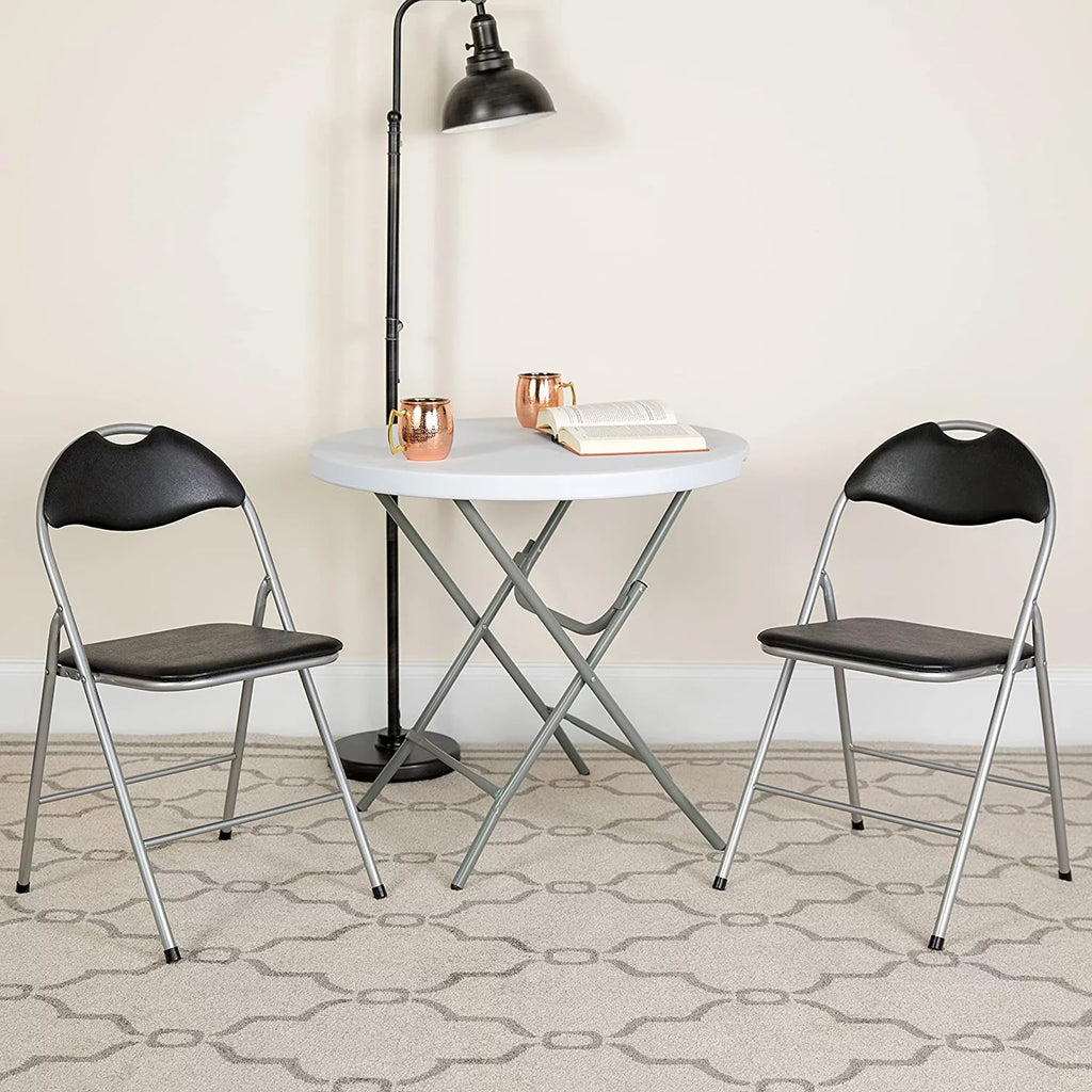 2 Pack Black Vinyl Metal Folding Chair with Carrying Handle C939405