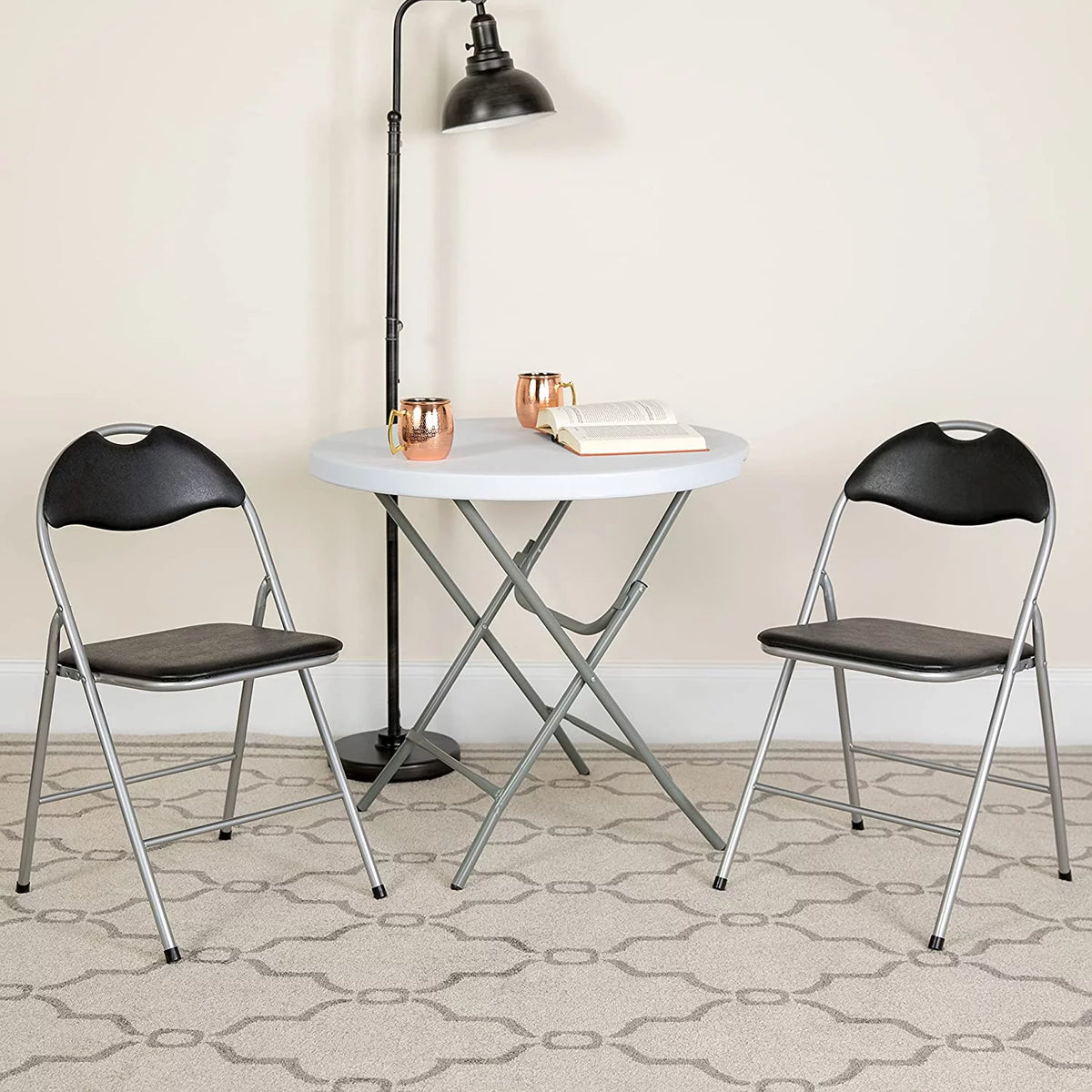 2 Pack Black Vinyl Metal Folding Chair with Carrying Handle C939405