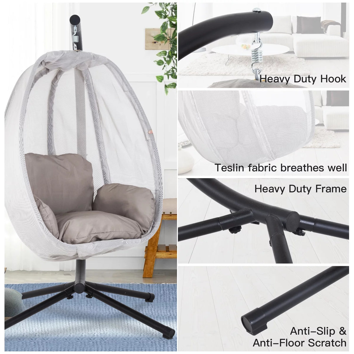 Egg Chair with Metal Stand and Cushion, 400LBS Capacity, Gray V62367