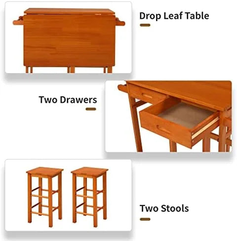 Drop Leaf Solid Wood Table and Stool Set with 2 Drawers V309465
