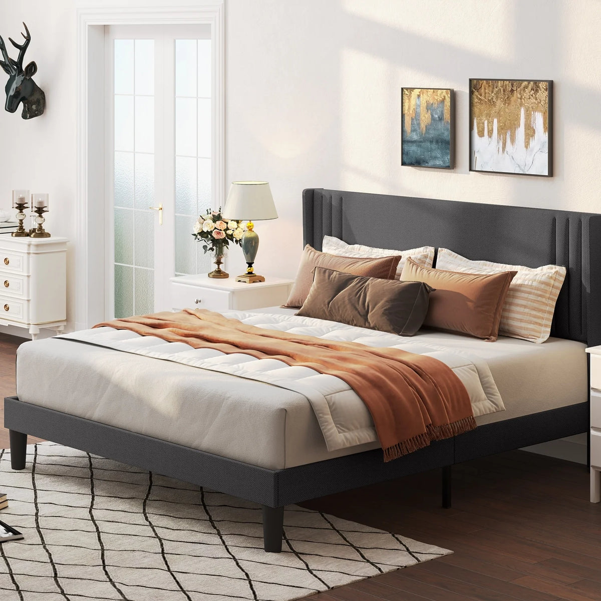 Queen Full Wingback Platform Bed Frame with Under-bed Storage Beige A51980