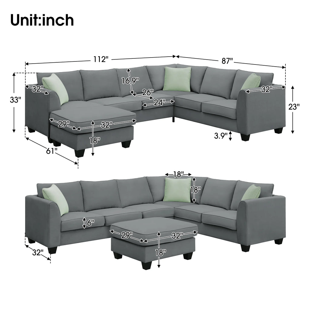 7 Seats L Shape Fabric Sectional Sofa with Ottoman I923