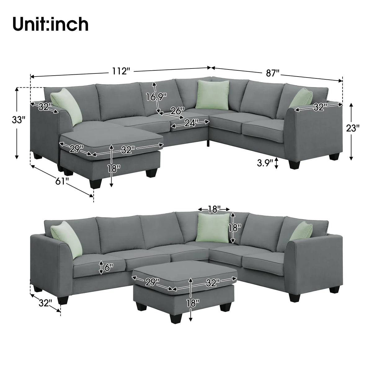 7 Seats L Shape Fabric Sectional Sofa with Ottoman I923