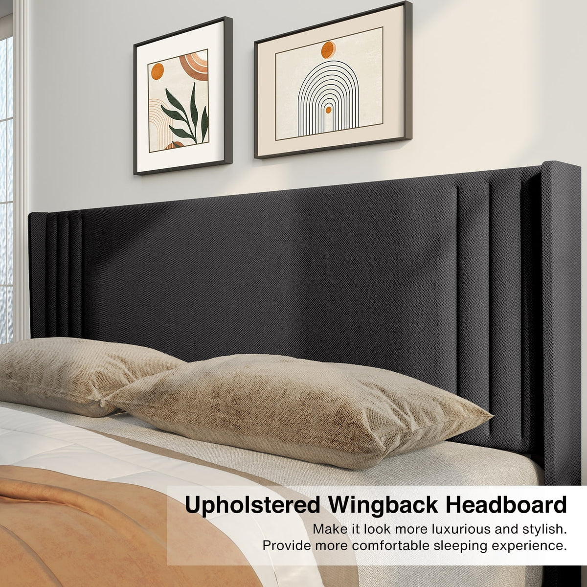 Queen Full Wingback Platform Bed Frame with Under-bed Storage Beige A51980