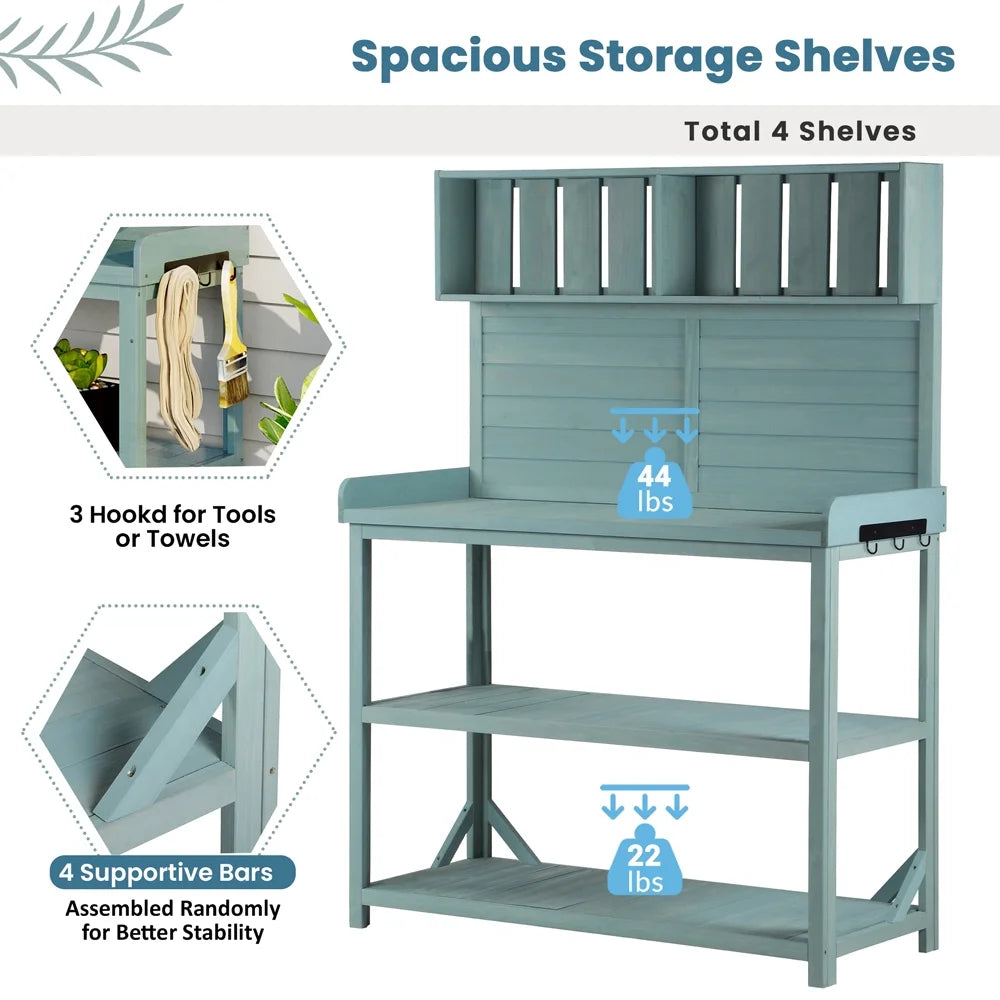 65" Green Wooden Potting Bench with 4 Storage Shelves K367