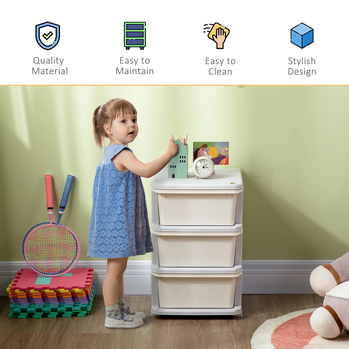 3 Tier Kids Storage Unit Dresser Tower Cream White J28352