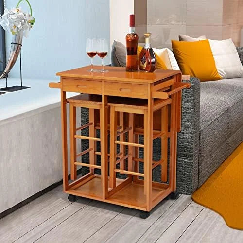 Drop Leaf Solid Wood Table and Stool Set with 2 Drawers V309465