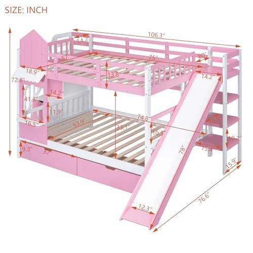 Twin Over Twin Solid Wood Bunk Bed with Slide Storage Staircase Drawers Pink O23700