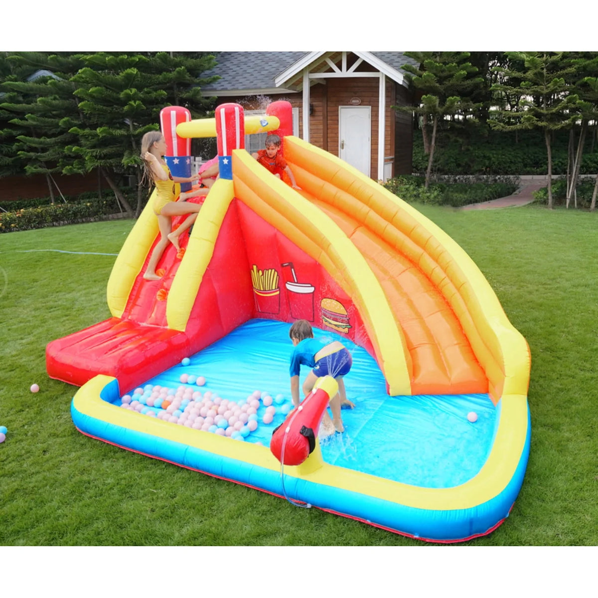 Inflatable Water Slide Splash Toy with Climbing Wall, Splash Pool, Water Cannon, Blower, Sprinkler, Stakes, Repair Patches, Storage Bag I3853