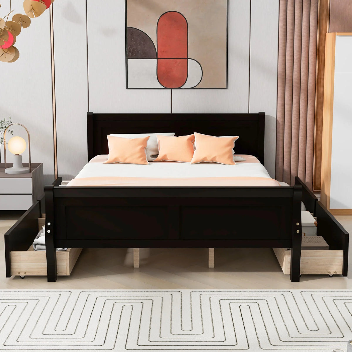 Queen Size Wood Platform Bed with 4 Drawers W88661