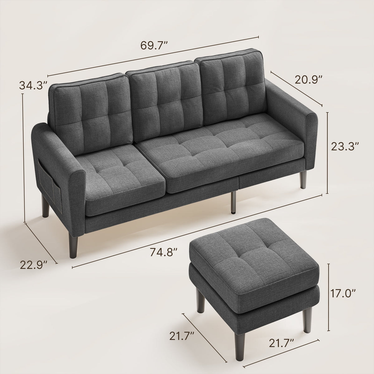 Dark Gray L Shaped Sectional Sofa Bed with Ottoman X805