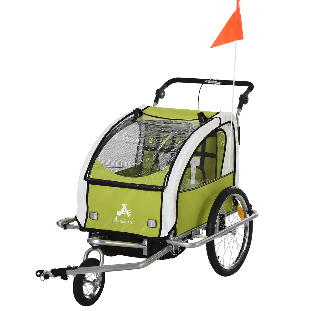2-in-1 Double Child Two-Wheel Bicycle Cargo Trailer with 2 Safety Harnesses, Green C96938