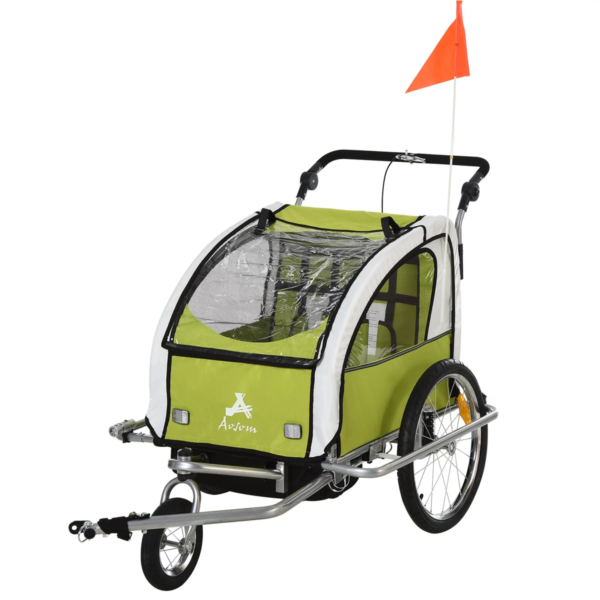 2-in-1 Double Child Two-Wheel Bicycle Cargo Trailer with 2 Safety Harnesses, Green C96938