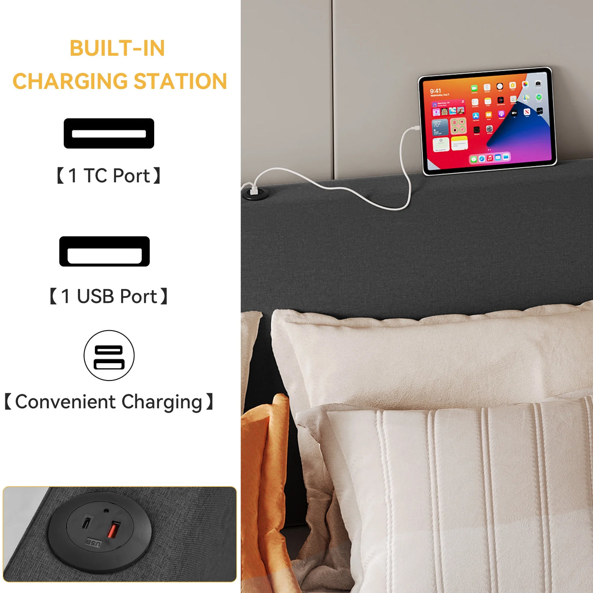Queen Size Lift-Up Storage Bed with Charging Station and Wingback Headboard J966153