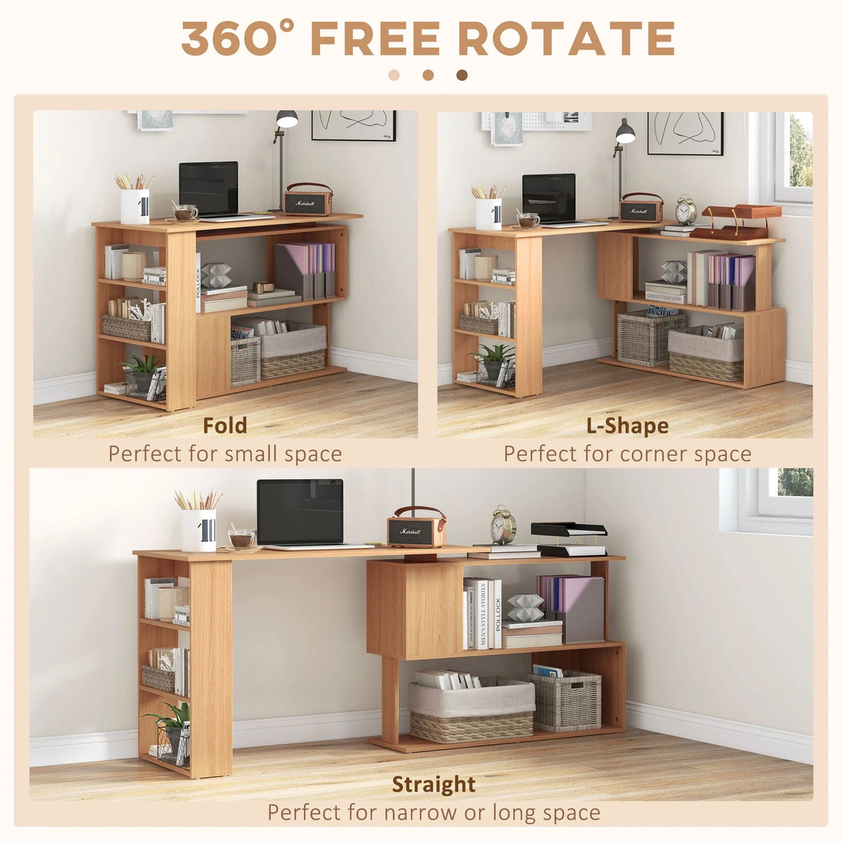 L Shaped Rotating Corner Desk with Bookshelves J622265
