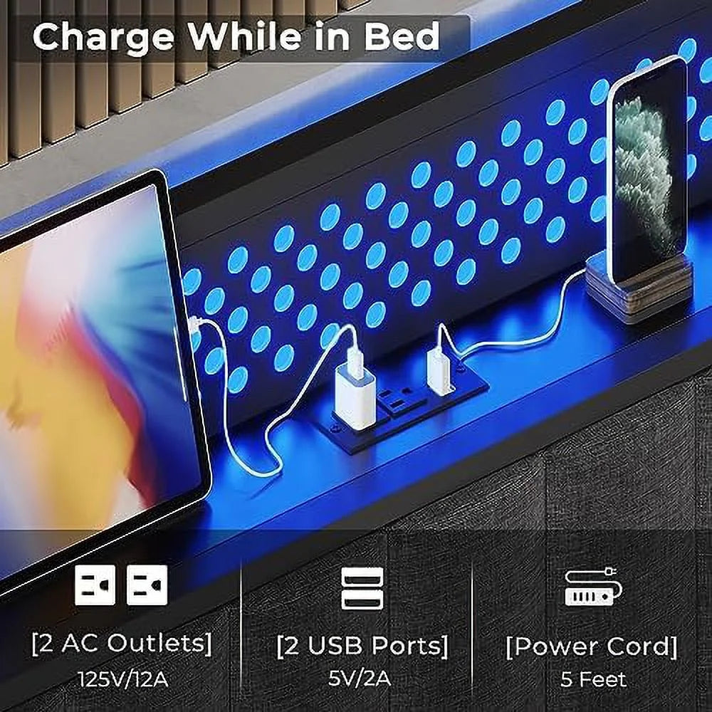 Queen LED Bed Frame with Headboard, Outlets & USB Ports, Dark Grey I5227
