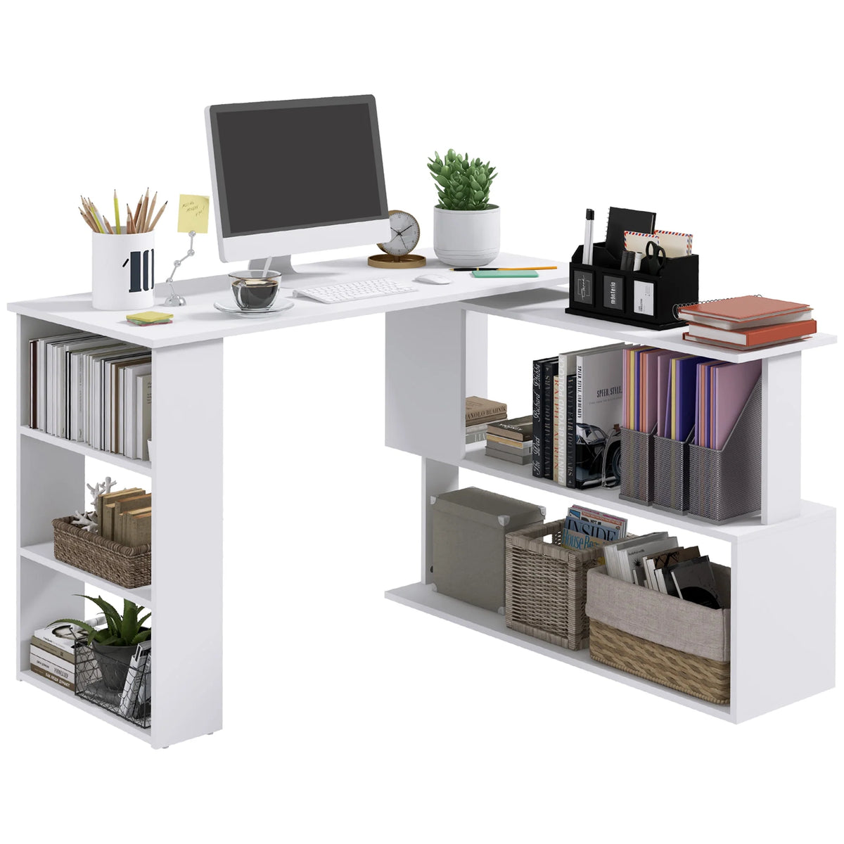 L Shaped Rotating Corner Desk with Bookshelves J622265