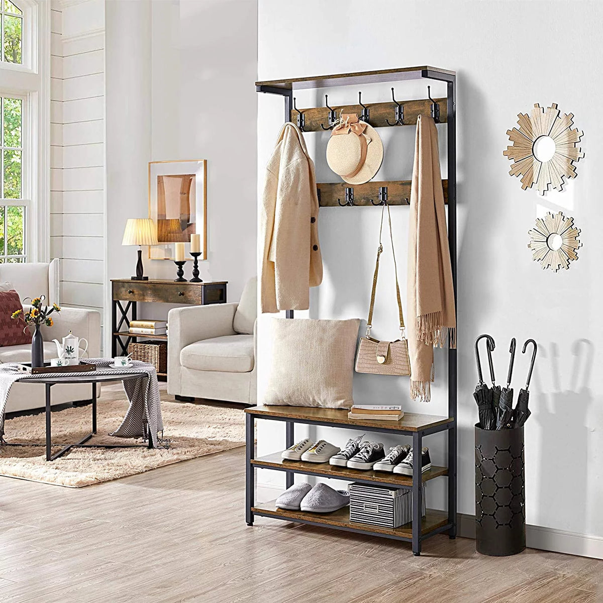 Hall Tree Coat Rack Shoe Bench with 23 Hooks X746
