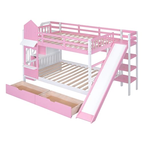 Twin Over Twin Solid Wood Bunk Bed with Slide Storage Staircase Drawers Pink O23700