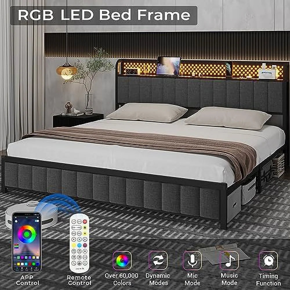 Queen LED Bed Frame with Headboard, Outlets & USB Ports, Dark Grey I5227