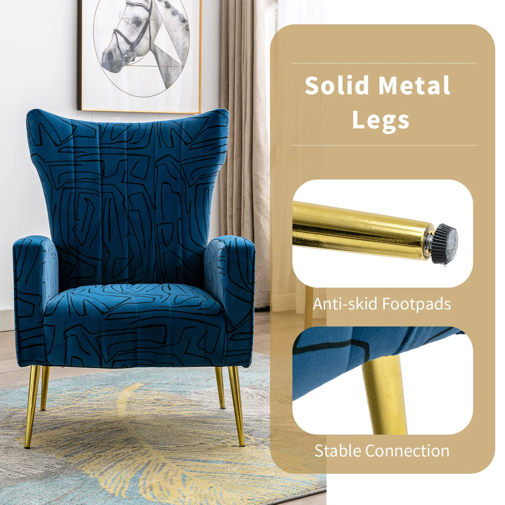 Navy Blue Velvet Wingback Accent Chair with Metal Legs L320