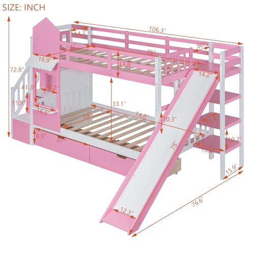 Twin Over Twin Solid Wood Bunk Bed with Slide Storage Staircase Drawers Pink O23700