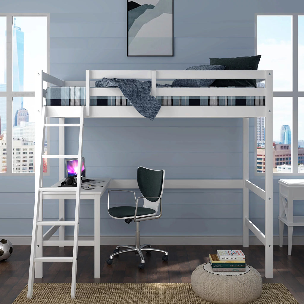 White Wood Twin Loft Bunk Bed with Desk J78771