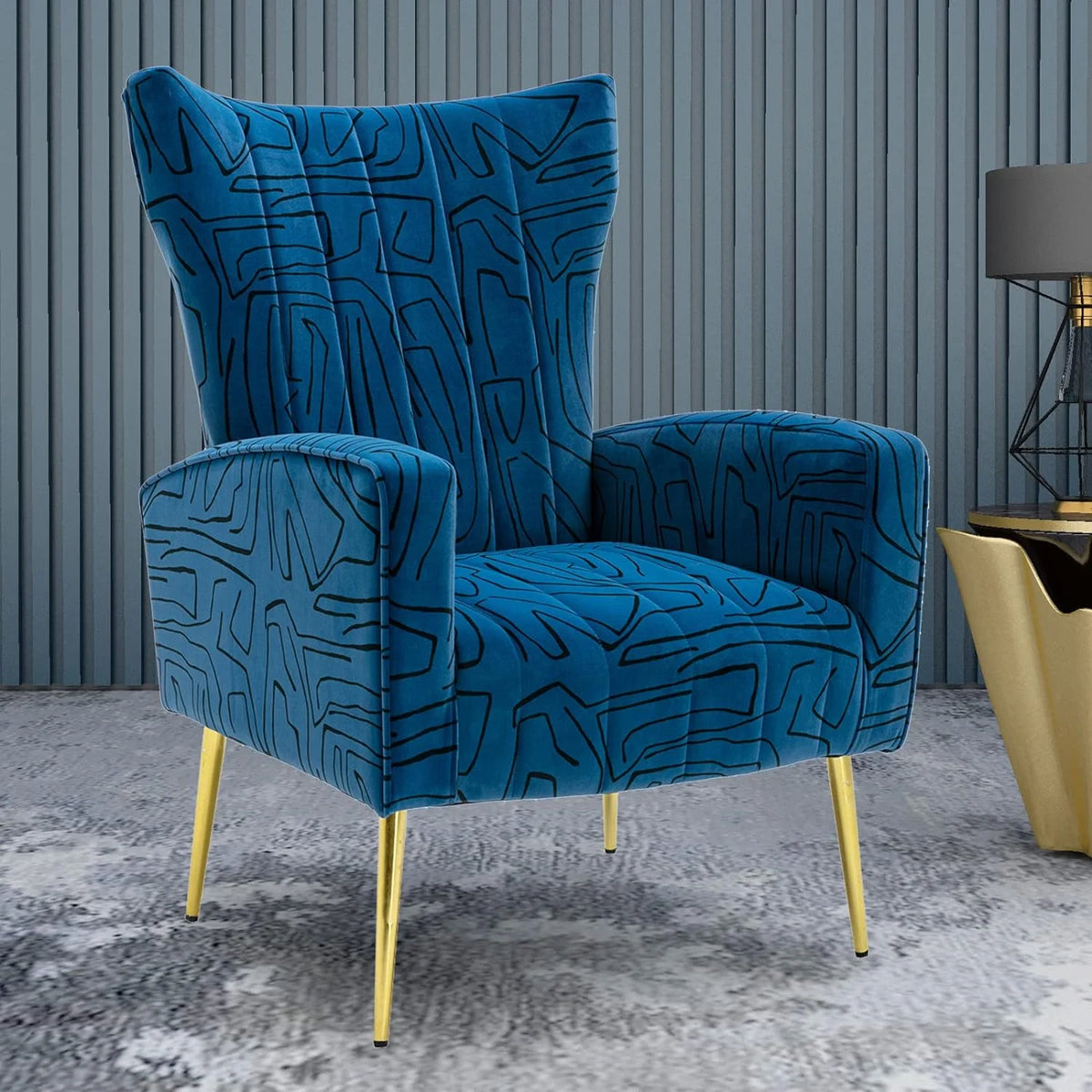 Navy Blue Velvet Wingback Accent Chair with Metal Legs L320