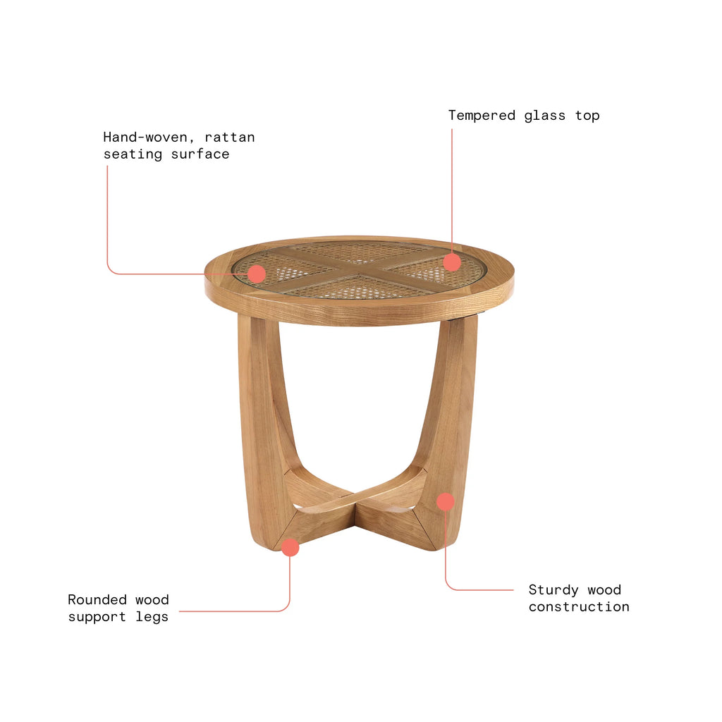 Rattan & Glass Side Table with Solid Wood Frame A386