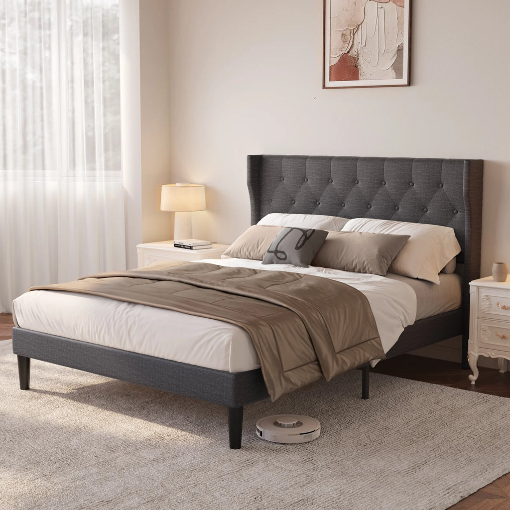 Full Size Dark Gray Bed Frame with Button Tufted Headboard N173