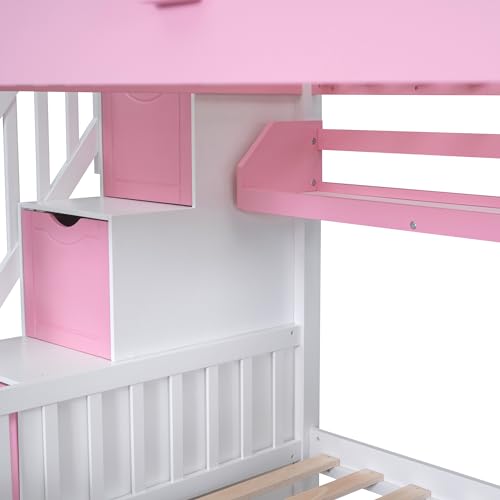 Twin Over Twin Solid Wood Bunk Bed with Slide Storage Staircase Drawers Pink O23700