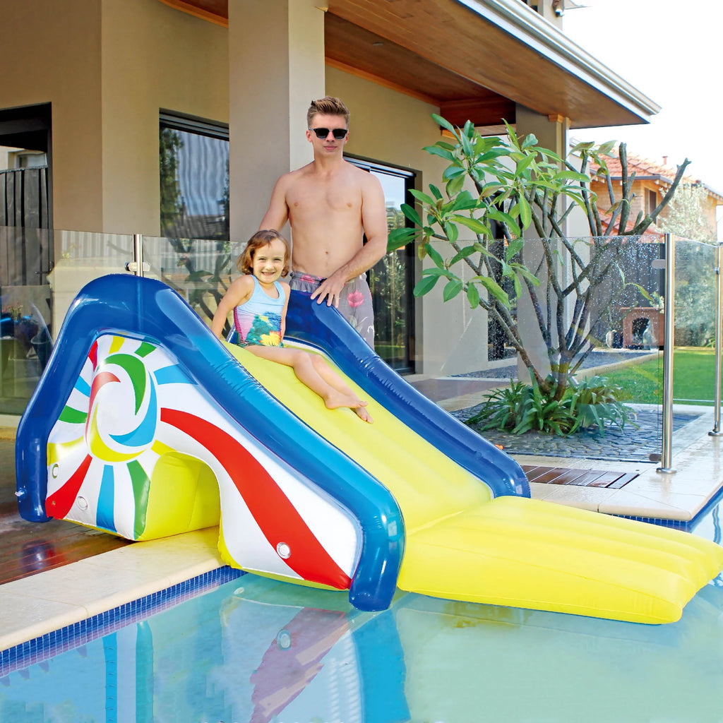 Yellow and Blue Pool Side Slide with Attached Sprayer Z276066