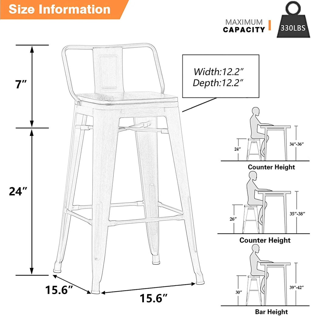 24 Metal Barstools Set of 4 Counter Height with Back D4356