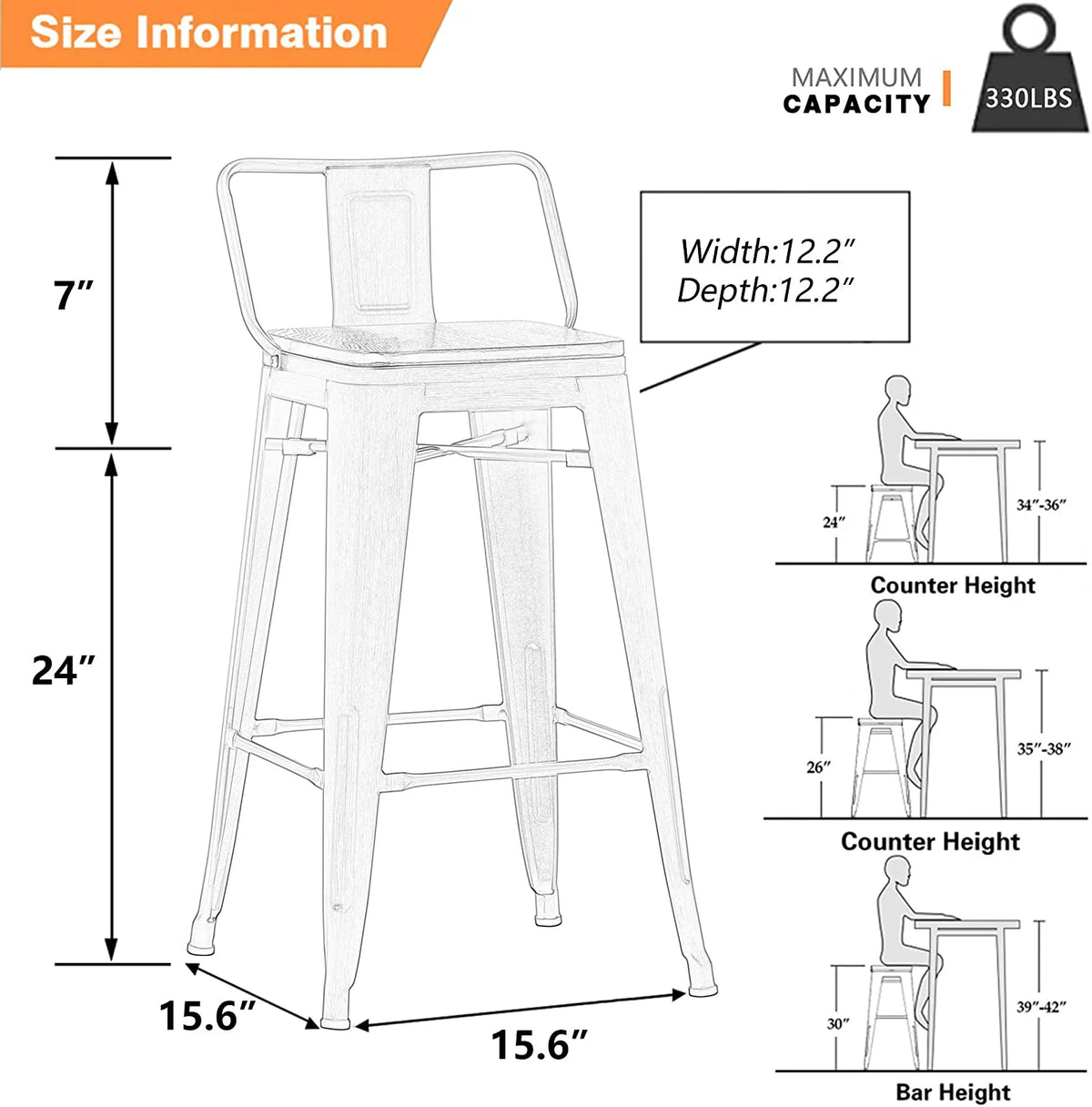 24 Metal Barstools Set of 4 Counter Height with Back D4356