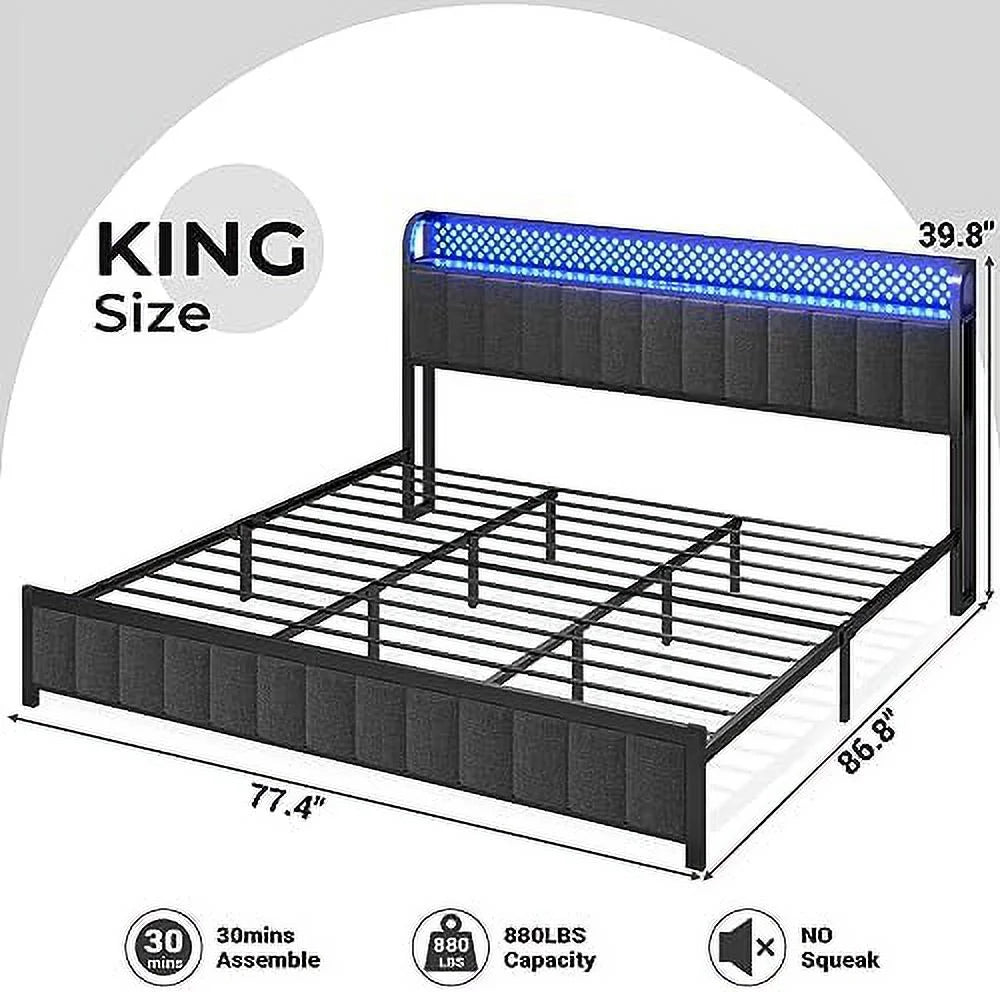 Queen LED Bed Frame with Headboard, Outlets & USB Ports, Dark Grey I5227