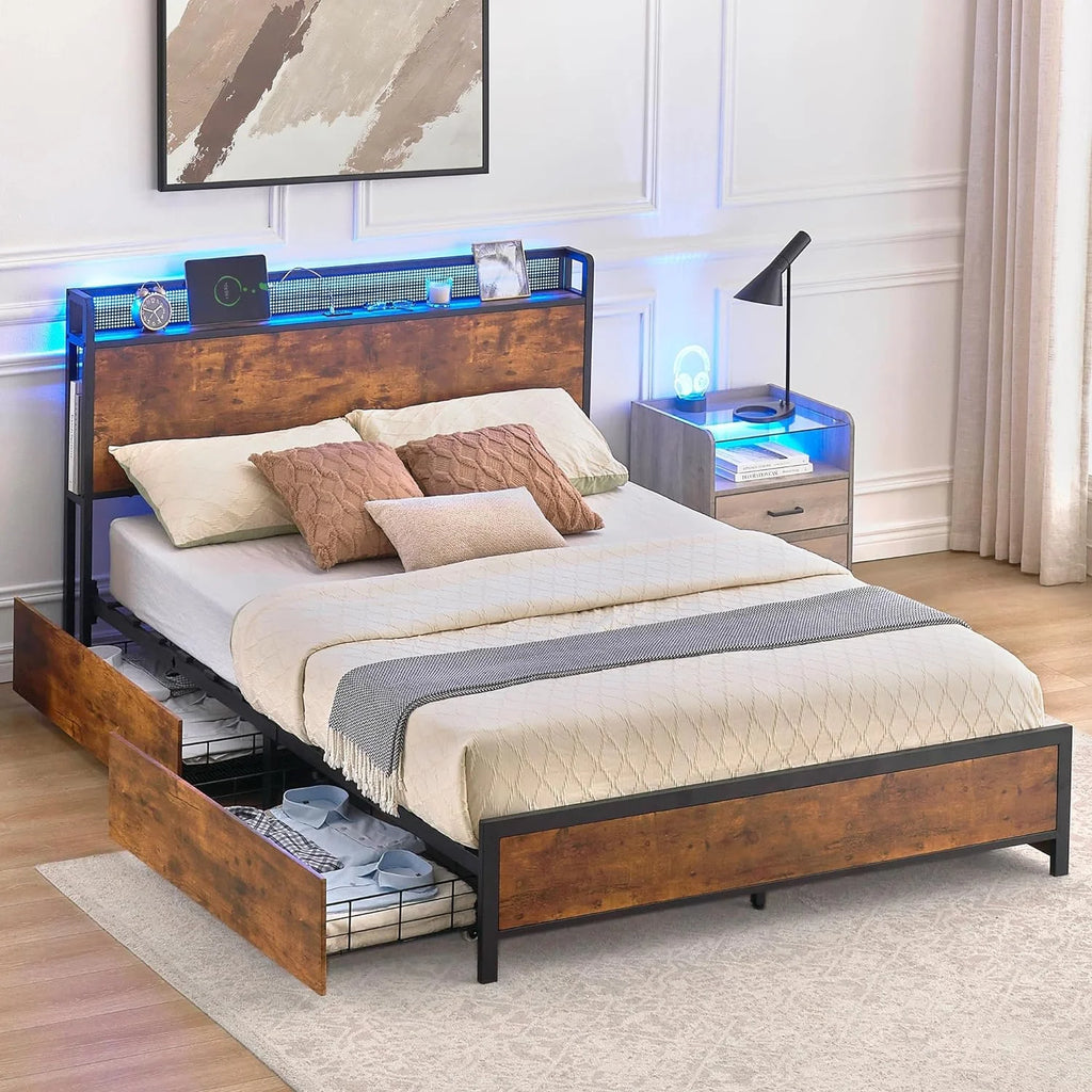 Queen Bed Frame with Storage Drawers and Charging Station Z439