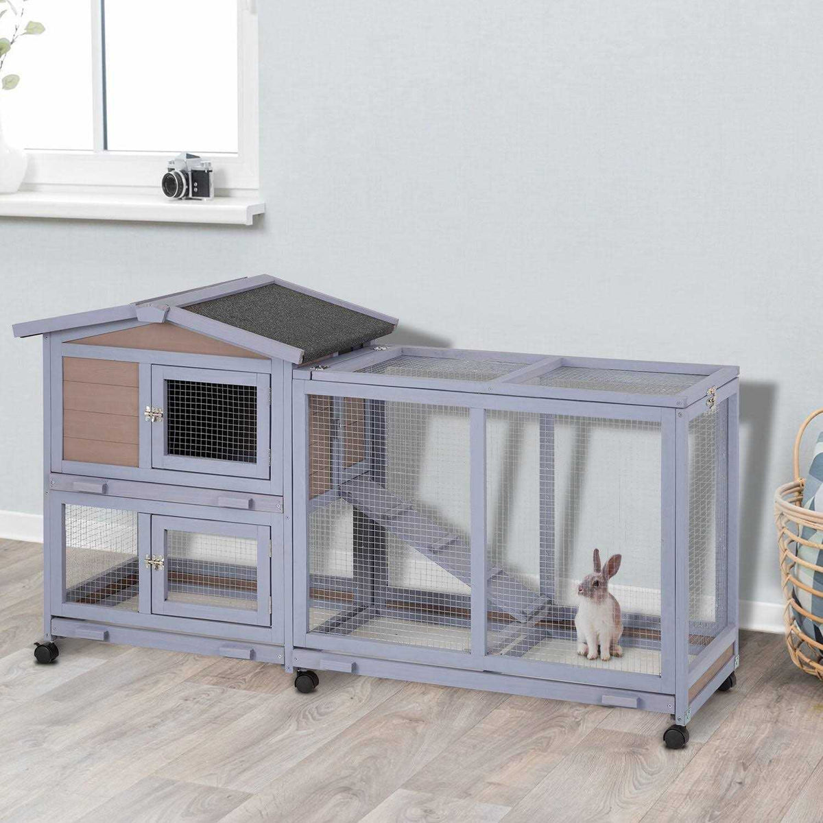 Wood Rabbit Hutch with Wheels & Waterproof Roof Q274
