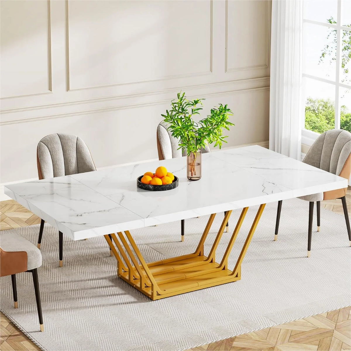 63" Rectangular Dining Table with Faux Marble Top U8257