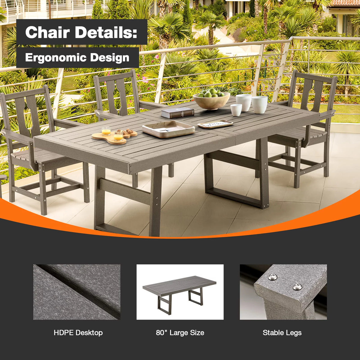 5 Piece Patio Dining Set with 4 Armchairs Gray J1213