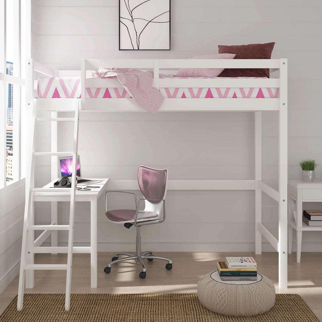 White Wood Twin Loft Bunk Bed with Desk J78771