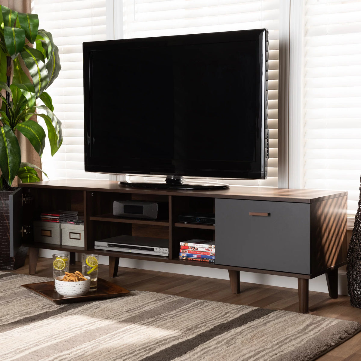 Walnut Brown and Grey Finished Wood TV Stand Q87923