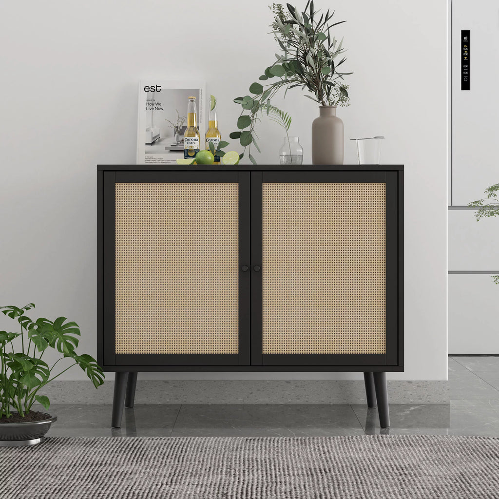Black Free Standing Storage Cabinet with Rattan Doors I5073