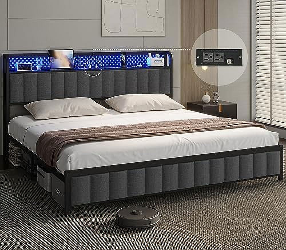Queen LED Bed Frame with Headboard, Outlets & USB Ports, Dark Grey I5227