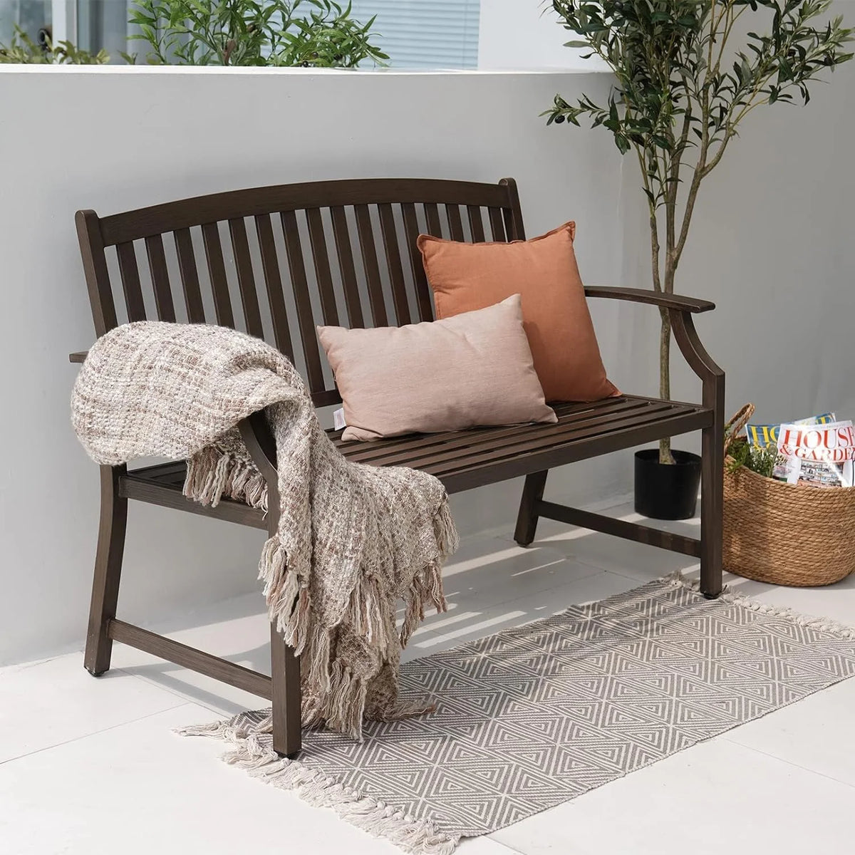 Brown Wood Grain Metal Garden Bench K403367