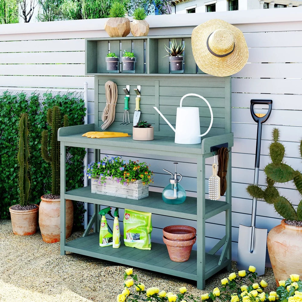 65" Green Wooden Potting Bench with 4 Storage Shelves K367