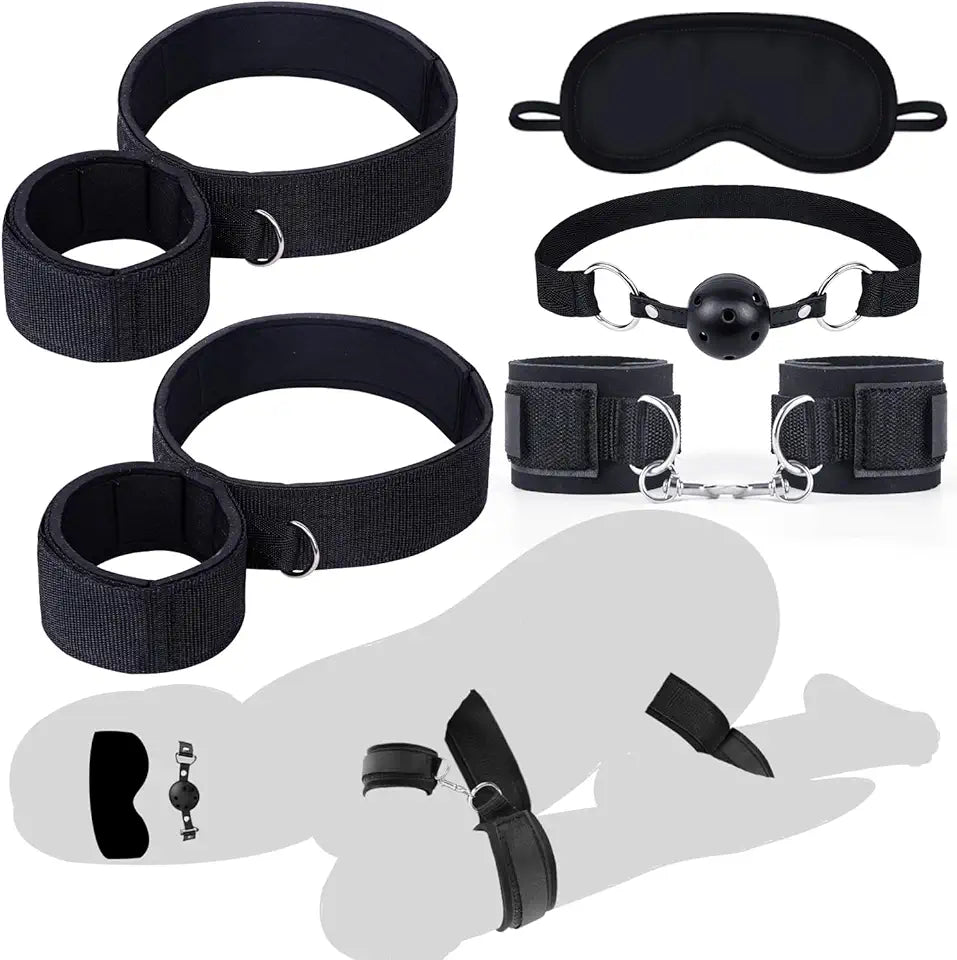 BDSM Bondage Restraints Wrist to Thigh Ankle Cuffs Ball Gag Blindfold Kit Z6922
