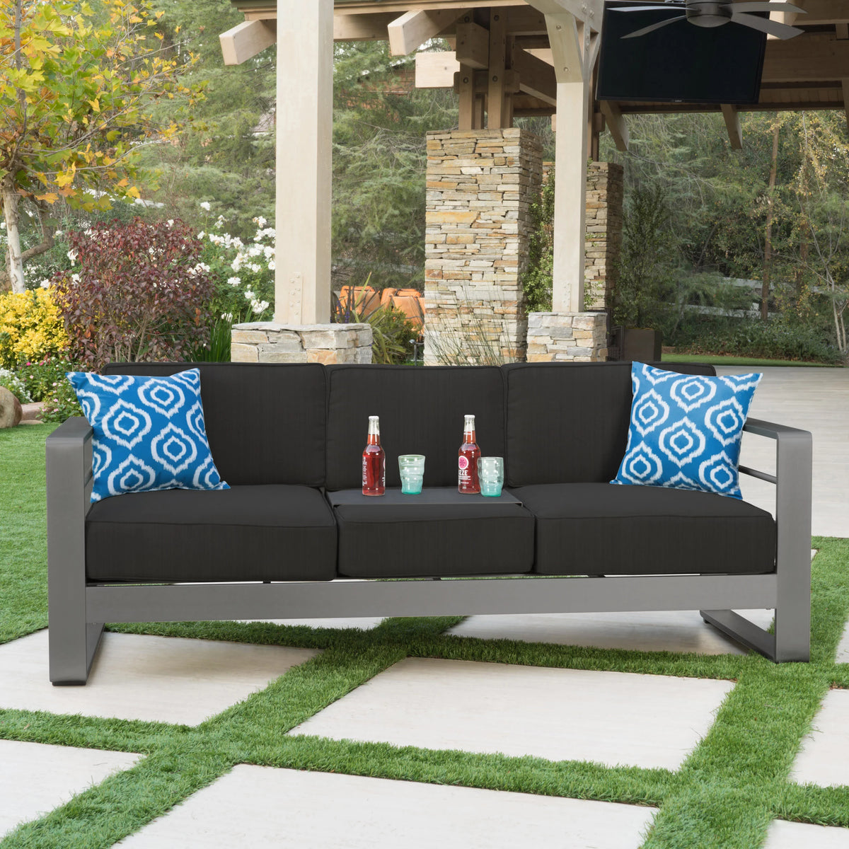 3 Seater Aluminum Loveseat Sofa with Tray L724295